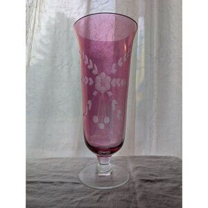 Vintage Cranberry Pink Etched Glass Vase With Floral Design & Clear Pedestal Bas